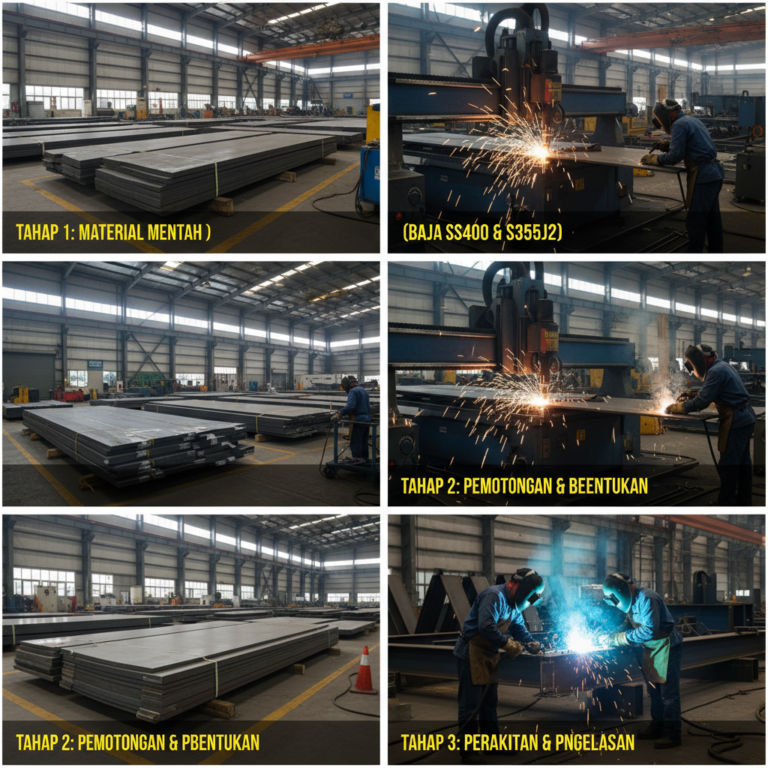 Proses fabrikasi baja SS400 dan S355J2 di Pabrik Tower Bravotower.