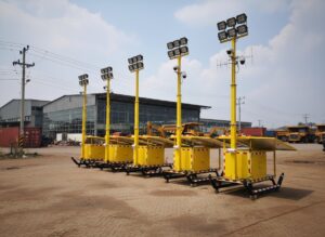 deretan tower lampu portable high mast warna kuning hasil fabrikasi BRAVOTOWER