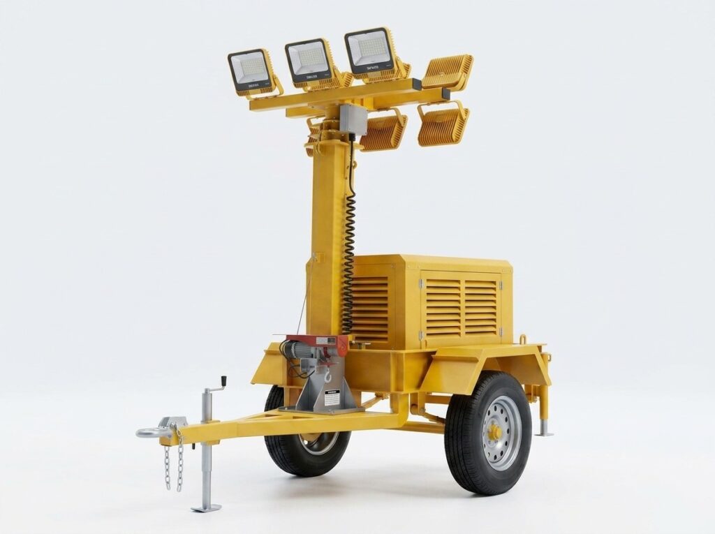 tower lampu portable trailer dengan genset dan empat lampu sorot BRAVOTOWER